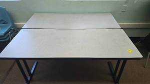 lot 505 image: (2) Office Tables with Grey Laminate Top and Black Metal Legs, Adjustable Height