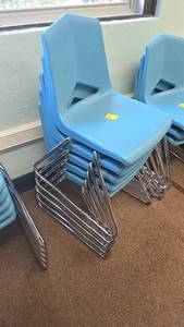 lot 506A image: (5) Five, Blue Stackable Chairs, Plastic Seat with Metal Legs