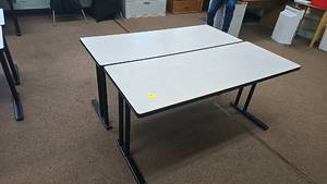 lot 513 image: (2) Light Gray Laminate Office Tables, 60x30 Inches, Metal Frame