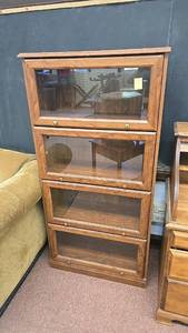 lot 517 image: 4-Section Wood Barrister Bookcase with Glass Front Panels, (2) side tables.