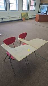 lot 538 image: (2) Red Plastic and Metal School Desk with Attached Chair, Beige Wood Desk