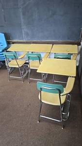 lot 539 image: (4) School Desks with Attached Chairs, Yellow & Green, Metal Frame.