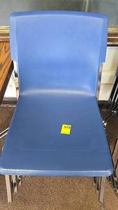 lot 542 image: (6) Six, Blue Stackable Chairs, Plastic Seat with Metal Legs