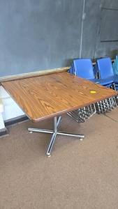 lot 543 image: Square Wood Top Table with Metal Base, Brown and Silver, 36x36x30