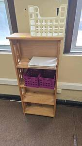 lot 551 image: Wooden Shelf Unit with Side Cut-Out Letters and Storage Accessories