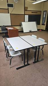 lot 552 image: Classroom Desk and Chair Set, 2 Desks, 4 Chairs, Gray and Black