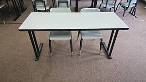 lot 554 image: Classroom Desk and Chairs Set, Metal Frame, Gray, 60x30 Desk, 2 Chairs