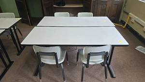 lot 555 image: School Classroom Tables and Chairs Set, 2 Tables, 4 Chairs, Gray and Black