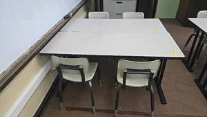 lot 557 image: Classroom Furniture Set with 2 Tables and 4 Chairs, Light Gray
