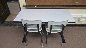 lot 560 image: Classroom Desk and Two Chairs Set, Grey, Metal and Laminate