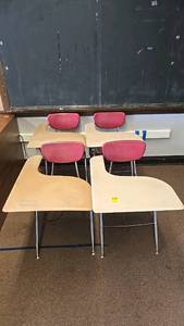 lot 572 image: (4) Red Classroom Desk Chairs with Beige Surface, Integrated Design