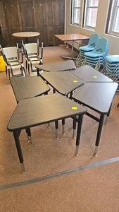 lot 577 image: (6) Triangular Adjustable Classroom Desks, Black Laminate Top