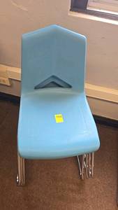 lot 582 image: (4) Four, Blue Stackable Chairs, Plastic Seat with Metal Legs