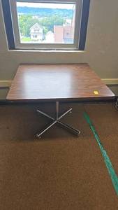lot 583 image: Square Table, Metal Base, Wood Grain Finish, 36x36 Inches