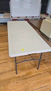 lot 595 image: Folding Table, 72 x 30 Inches, Light Gray Top, Black Metal Legs