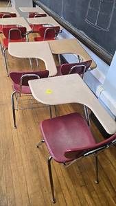 lot 605 image: (3) Student Desk and Chair Combo, Red Seat, Beige Desk Surface