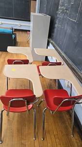 lot 606 image: (4) Red School Desks with Chairs, Integrated Design, Right-Handed Surface
