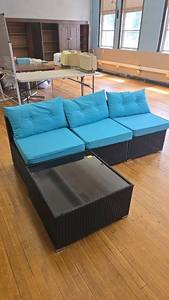 lot 608 image: Outdoor Patio Furniture Set, WickerRattan, Black with Blue Cushions, 3-Seater