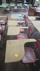 lot 611 image: (4) Student Desk with Chair, Red Seat, Beige Desk Surface, Metal Frame