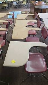 lot 612 image: (4) Classroom Student Desks with Attached Chairs, Maroon and Beige, Right-Handed