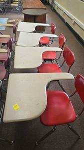 lot 613 image: (4) Red School Desk Chair Combo, Integrated Design, Metal Frame, Plastic Seat