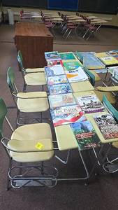 lot 616 image: (4) Four, Classroom Desk with Integrated Chair, Metal Frame, BeigeGreen, featuring a wooden top