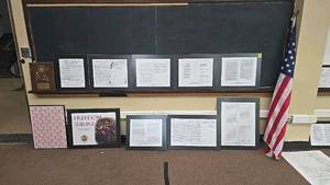 lot 625 image: Collection of Framed Historical Documents & World Map with U.S. Flag