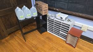 lot 633 image: ViewSonic Projector, Computer Desk, (2) Organizers and (11) Gallons of Distilled Water