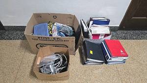 lot 652 image: Mixed Lot of Office Supplies & Electronics with Binders, Books, Cables