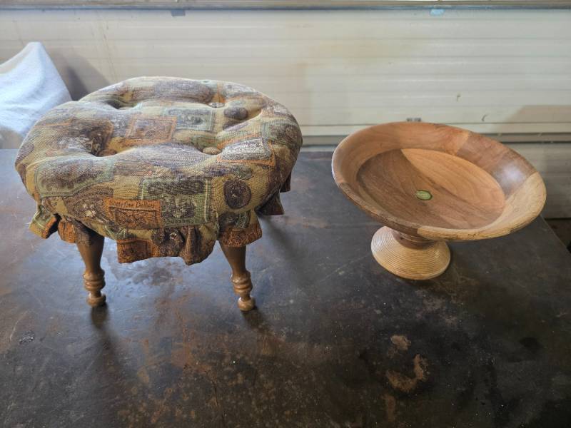 lot 67 image: Decorative Vintage Retro Fabric Round Sewing Footstool and Wooden Fruit Bowl