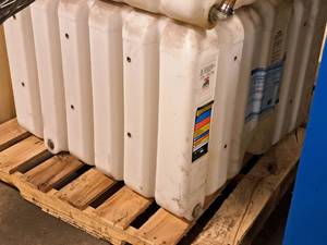 lot 67 image: 120-Gallon Plastic Nonmetallic Bulk Container for StorageDispensing Combustible and Non-Combustible Liquids  Indoor Use Only 36 x 36 x 26 - Rhino Tuff Tanks