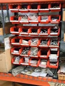 lot 413 image: Lot of (Shelf Contents) Parts Organizer 30-bin with Contents - Hardware, Adapters (in original packaging)