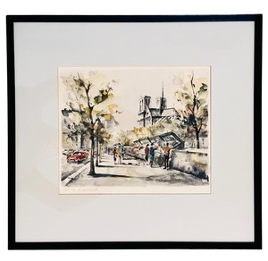 lot 109 image: Framed Hand Colored Lithograph by G. Lelong Paris, les Bouquinistes