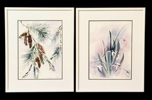 lot 110 image: Two Framed Watercolor Paintings, Dangling Pinecone Botanicals and Soft Floral Dewdrops
