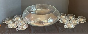 lot 63 image: Mid Century Glass Punch Bowl with 11 Cups
