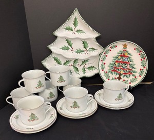 lot 220 image: Festive Platter, Plate, Cups and Saucers by Holiday Hostess, Lefton and More
