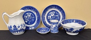 lot 258 image: Beautiful Blue and White Plates, Pitchers and Bowl by Buffalo China, Shenango, Willow, Wallace and More