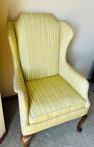 lot 167 image: Vintage Wingback Armchair with Yellow Striped Upholstery