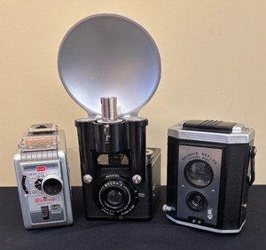 lot 357 image: Kodak Brownie Reflex Syncro, Kodak Brownie Flash Six-20 and Kodak Brownie 8mm Movie Camera II