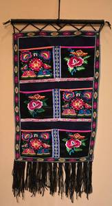lot 298 image: Striking Embroidered Black Linen Wall Hanging