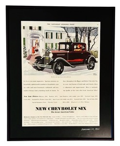 lot 342 image: Framed The Saturday Evening Post New Chevrolet Six Advertising Print from 1931