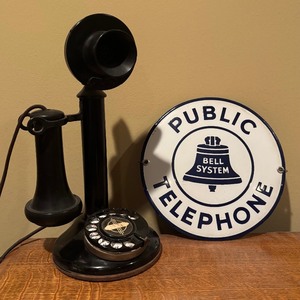 lot 407 image: Vintage Western Electric 51AL Candlestick Telephone and Bell System Public Telephone Metal Sign