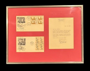 lot 548 image: Framed Letter by Norman Rockwell with Two Envelopes with Collector Stamps