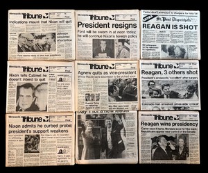 lot 439 image: News Vintage Framed Newpapers Including Reagan Shot, Nixon Resigns and More