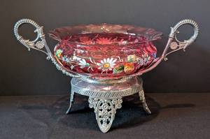 lot 42 image: James W. Tufts Victorian Silver-Plate Bridal Basket with Hand Painted Cranberry Glass Bowl