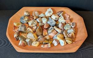 lot 77 image: Wood Bowl of Beautiful Agates and Polished Stones