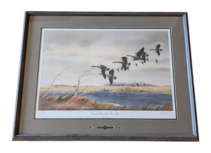lot 183 image: Les Kouba Framed Canadian Geese Visit the Crow River Print