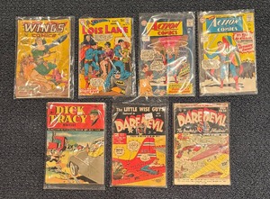 lot 622 image: Vintage Comic Books including Dick Tracy, Wings Comics, Action Comics, Daredevil and Lois Lane
