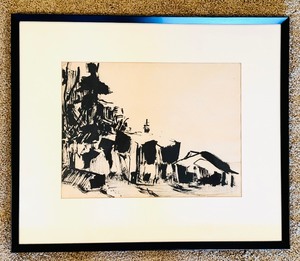 lot 530 image: Vintage Framed Art Ink Drawing Print Abstract and Expressive Style