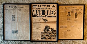 lot 695 image: Vintage Framed Newspapers Included War Over Official --- Truman August 14, 1945, and More